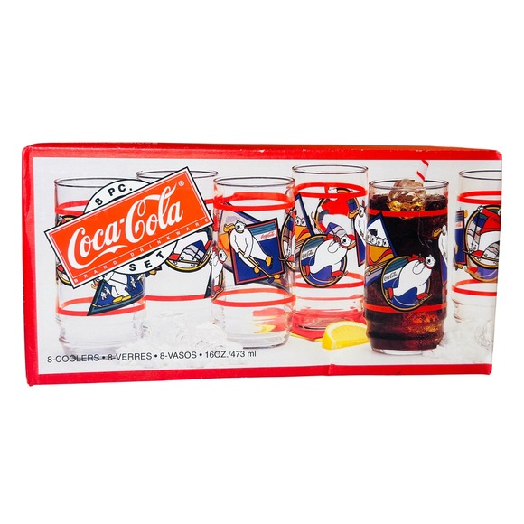 Coca-Cola Other - Vintage 1995 Coca-Cola Polar Bear Glass Set 8pc 16oz Indiana Glass Winter Sports
